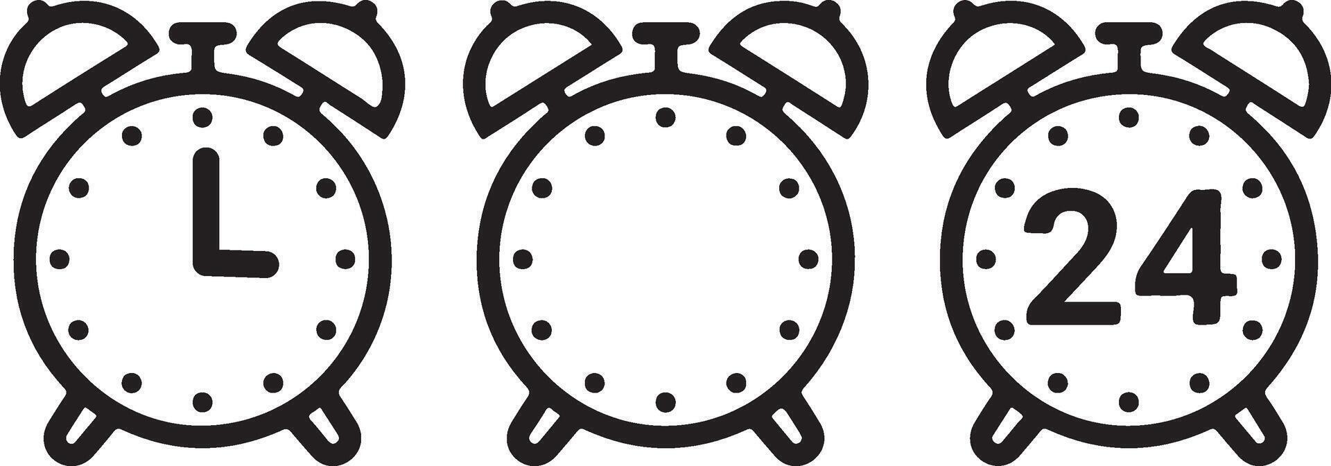 Alarm clock icons collection simple outline design representing time schedule planning alerts and 24 hour service vector