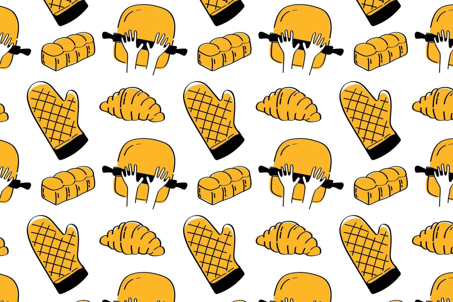 Croissant and Bun Bakery Pattern for Menu Art and Textile Projects. Playful doodle pattern with croissants and sweet buns. Ideal for wrapping, branding, cafe decoration, and stationery design. vector
