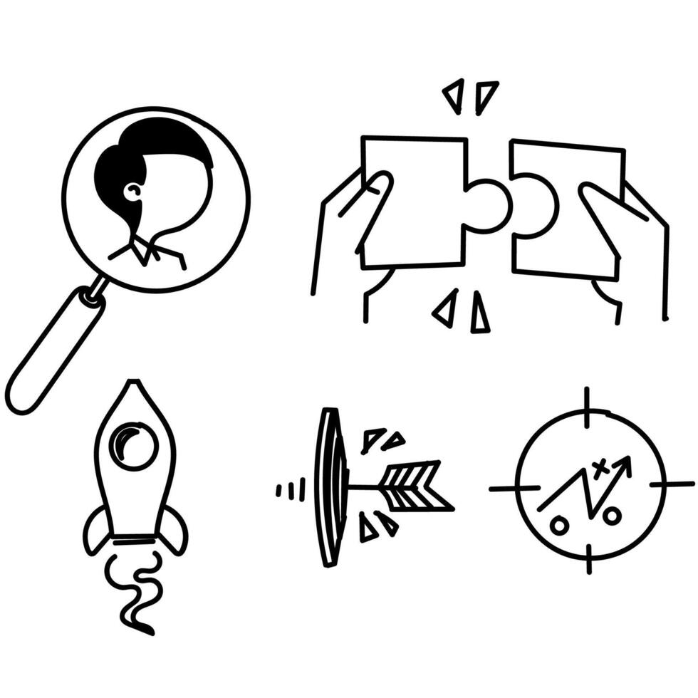 un conjunto de íconos ese incluir un cohete, un aumentador vaso, y un mano vector