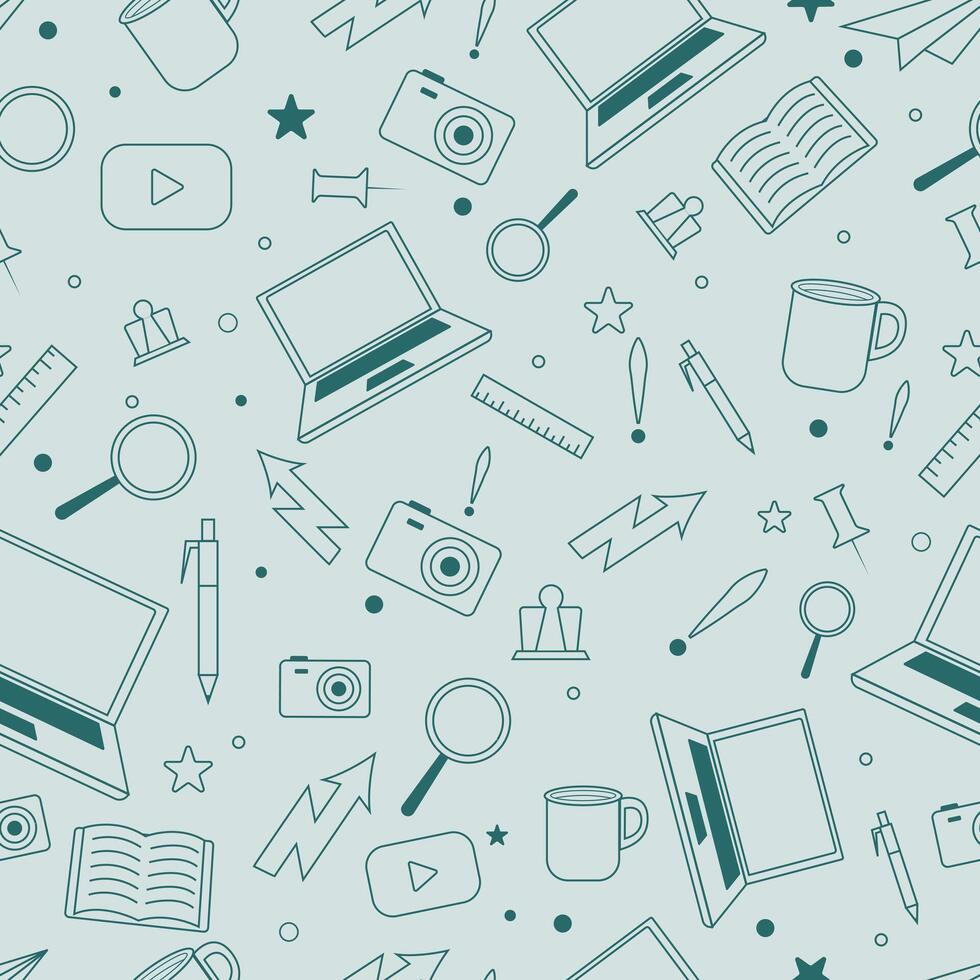 Seamless pattern featuring office and creative tools such as laptops books cameras and mugs on light background perfect for work study media and modern business themed designs vector