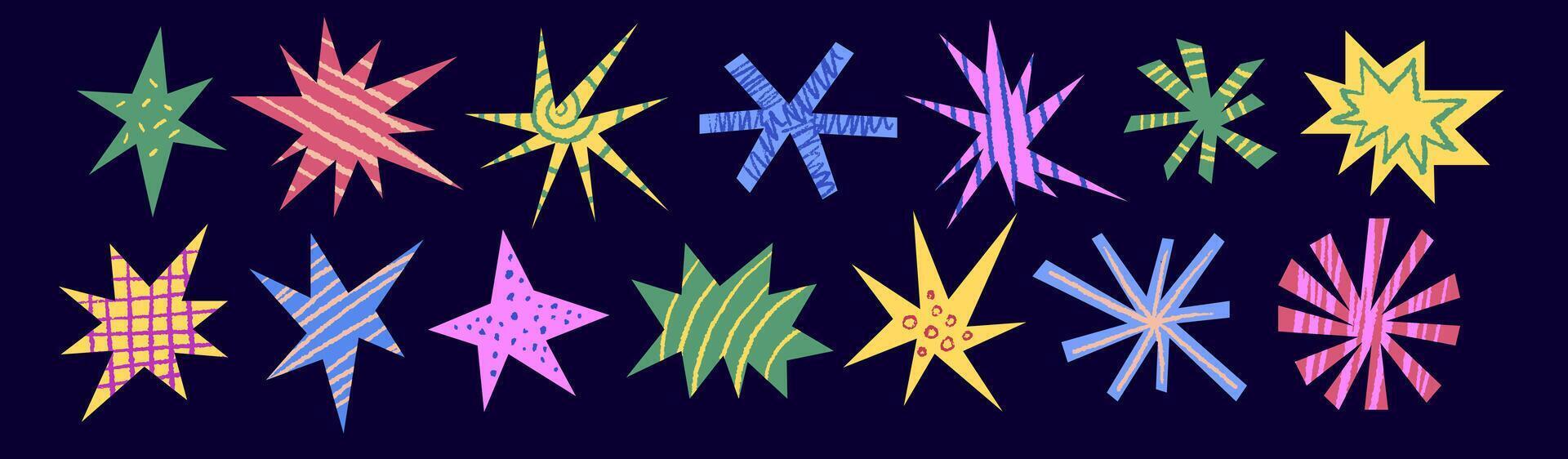 Set of abstract playful textured shape in cut-out style. Retro spiked circle stickers. Bursting colorful explosion star. vector