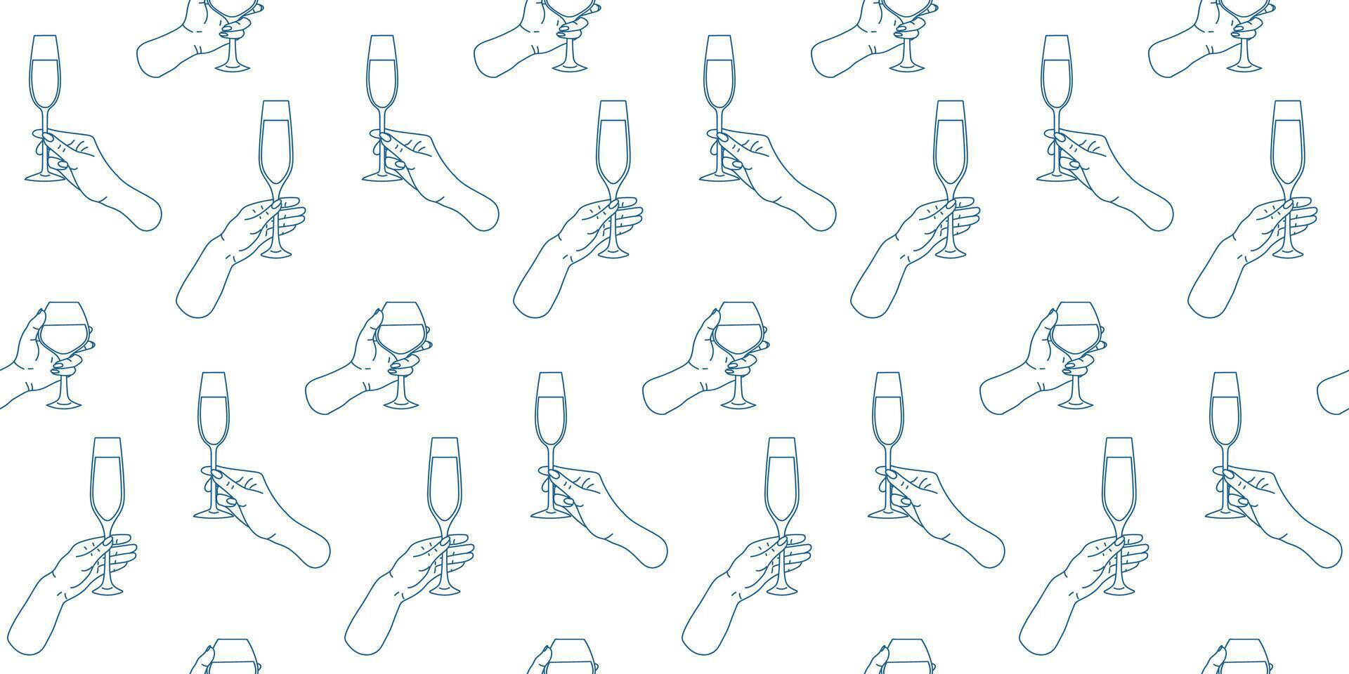Hands holding different types of glasses in a light and simple pattern for a festive setting vector
