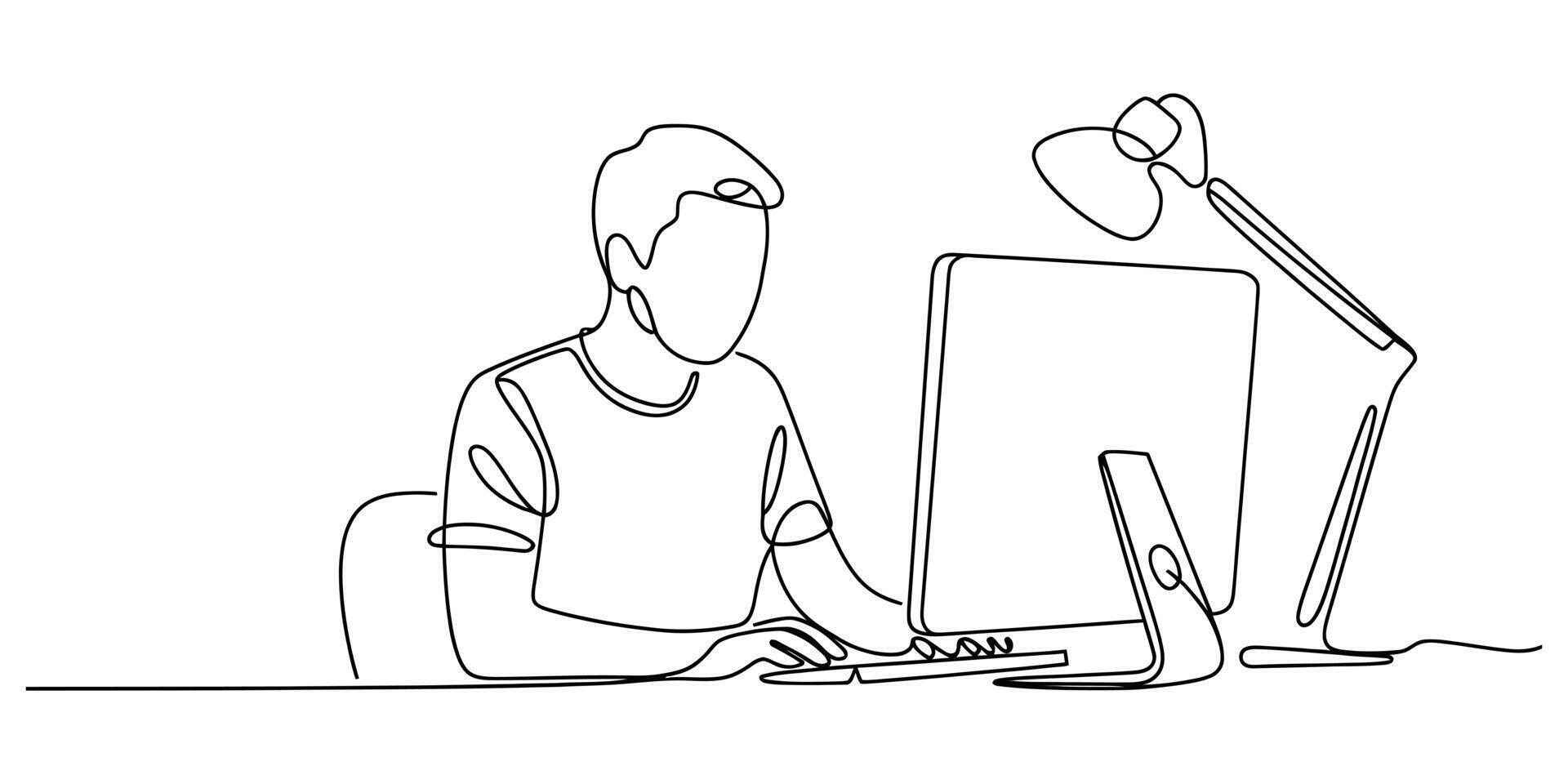 continuo línea dibujo de un persona trabajando en un computadora con escritorio lámpara ilustración vector