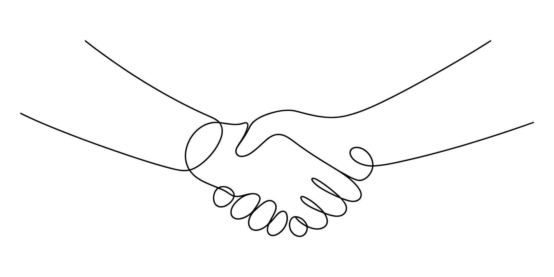 Minimalist continuous line drawing of two hands in a handshake expressing agreement and partnership Illustration vector