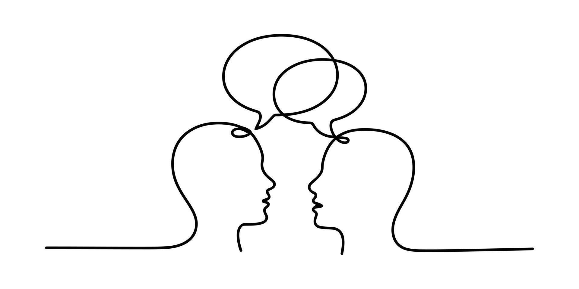 Continuous line drawing of two heads in conversation with speech bubbles Illustration vector