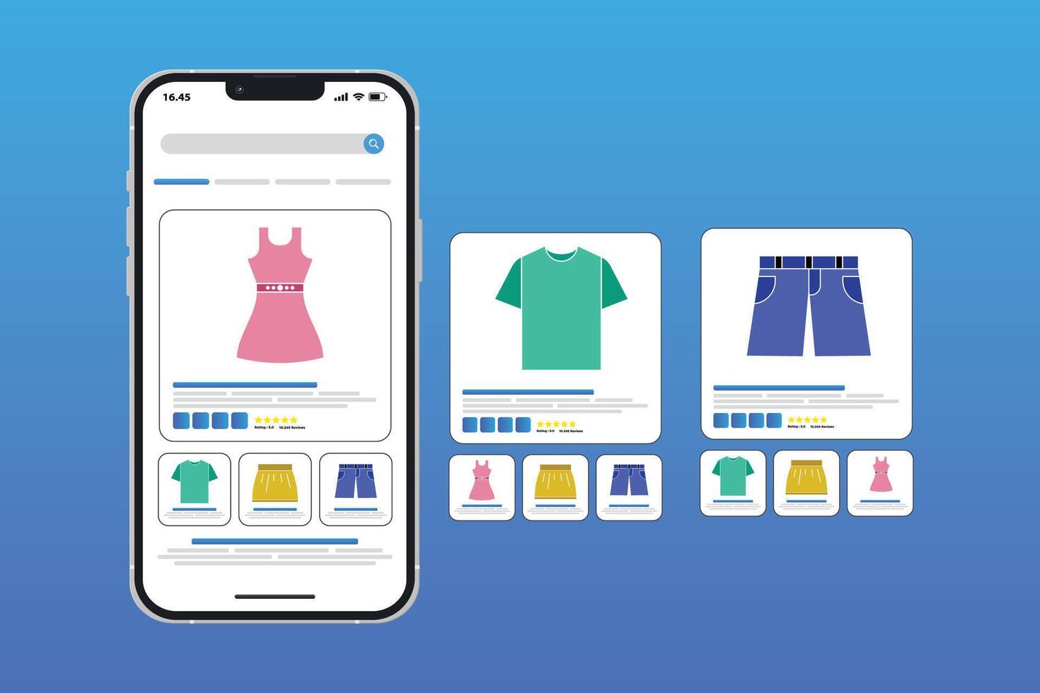 browsing clothing products on mobile shopping app. Search feature for finding and comparing online products, offering price, seller information, product results on top of search pages. Shopping tab vector