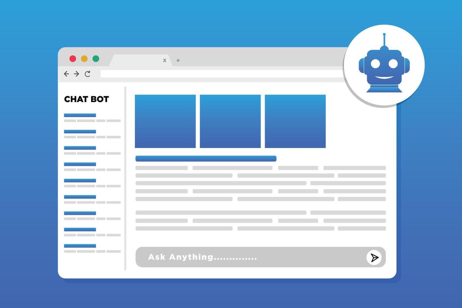 ai charla robot usuario interfaz. ai web navegador página formar a pedir pregunta. chatbot innovación tecnología proporcionar inteligente información y solución en investigación y desarrollo. vector
