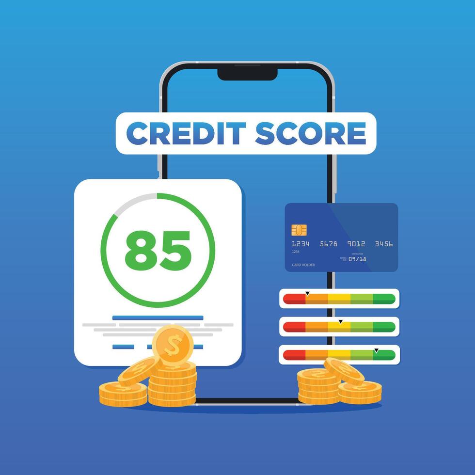 Credit score concept, check credit score of while using smartphone. Flat template Style Suitable for Web Landing Page, Background. vector