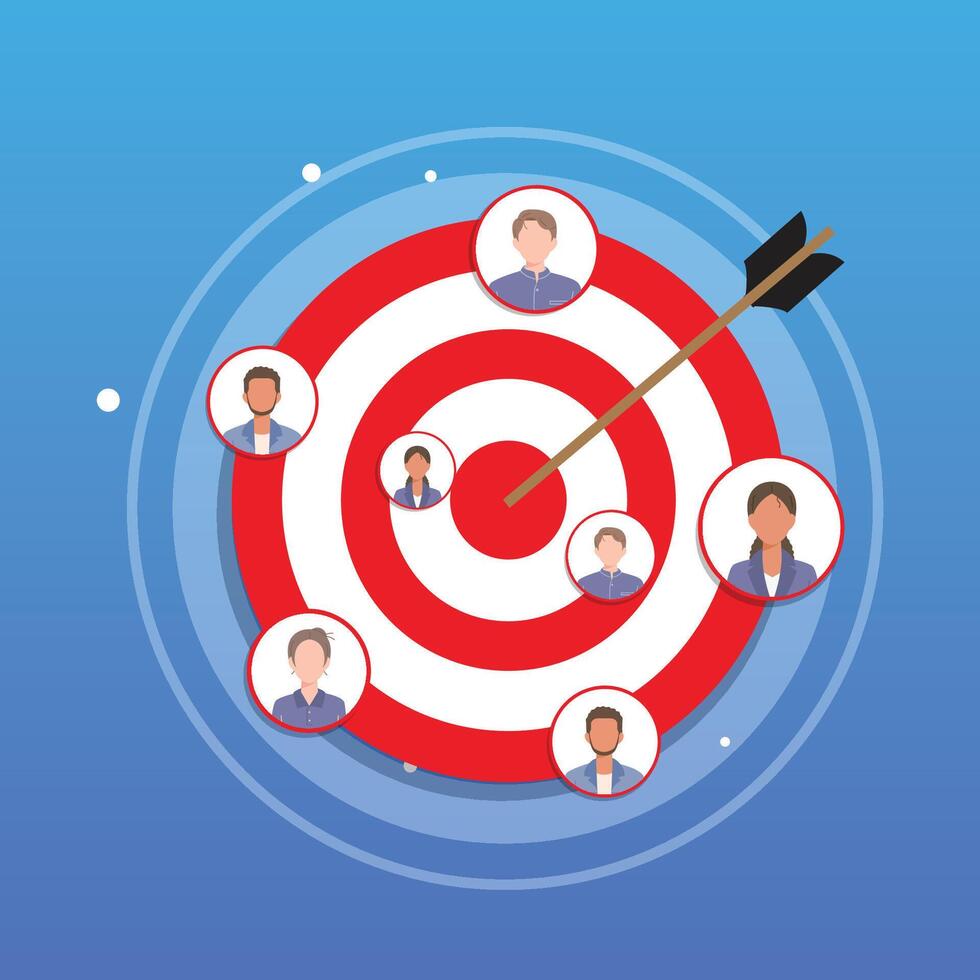 Target customer - audience demographics, market segmentation, consumer behavior and marketing strategy icons. Sales generation and customer attraction vector