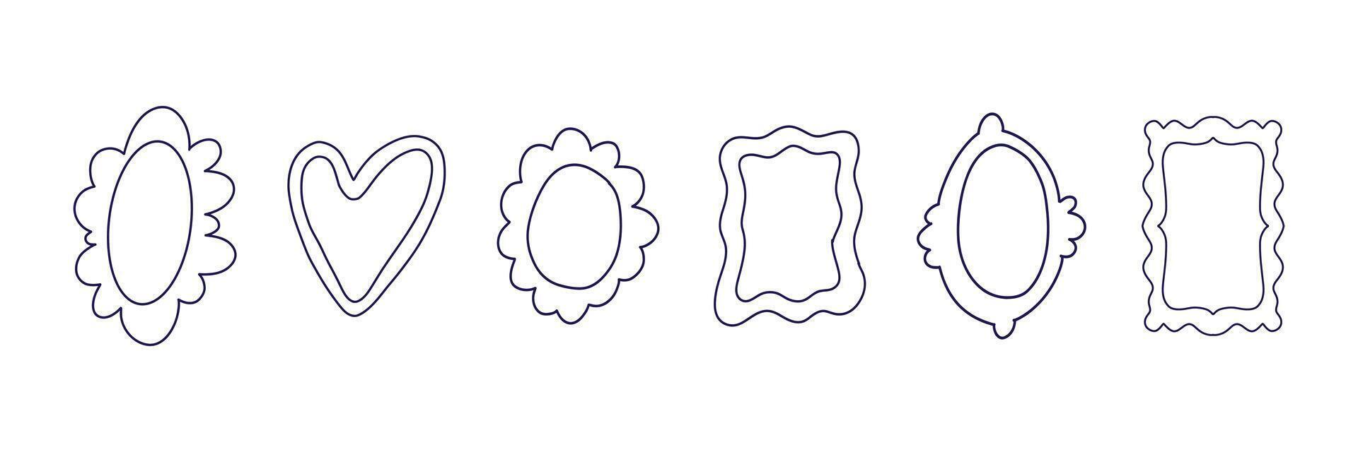 Set of decorative frame borders and geometric shapes. Hand drawn outline frames in various shapes including heart and ornate borders. All elements are isolated vector
