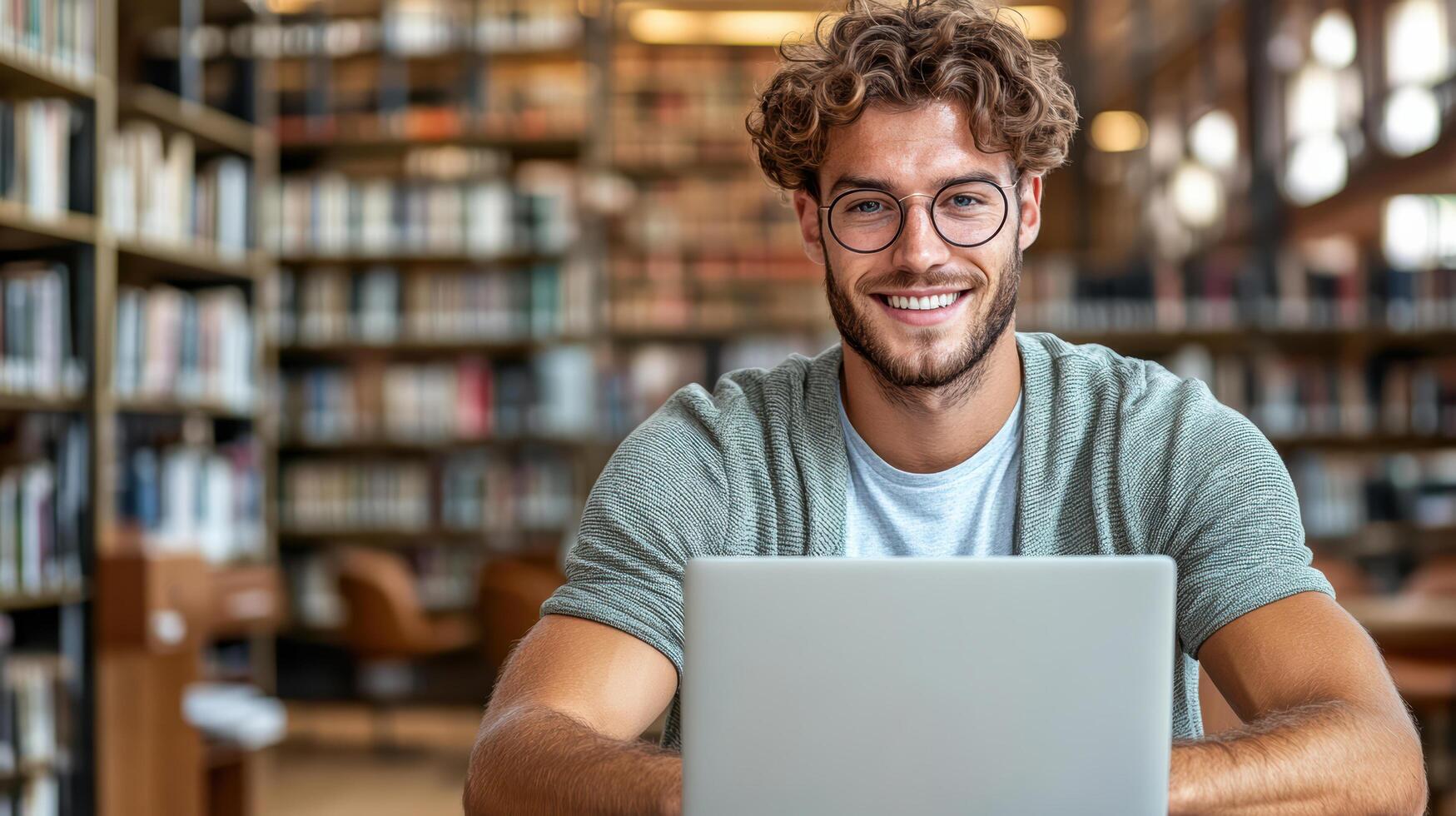 A smiling man in glasses is using a laptop in a library photo