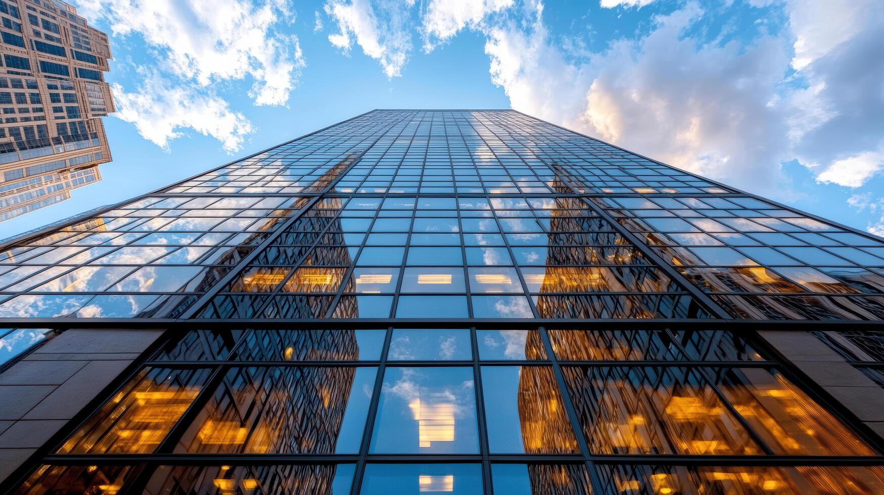 A view of a tall building with windows and sky photo