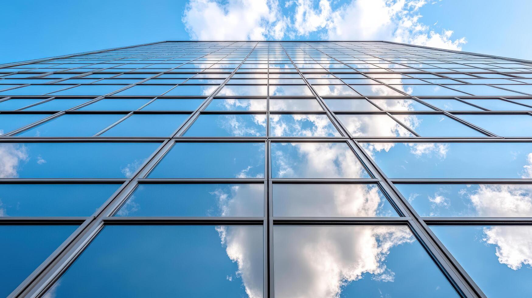A tall building with a blue sky and clouds reflected in the windows photo