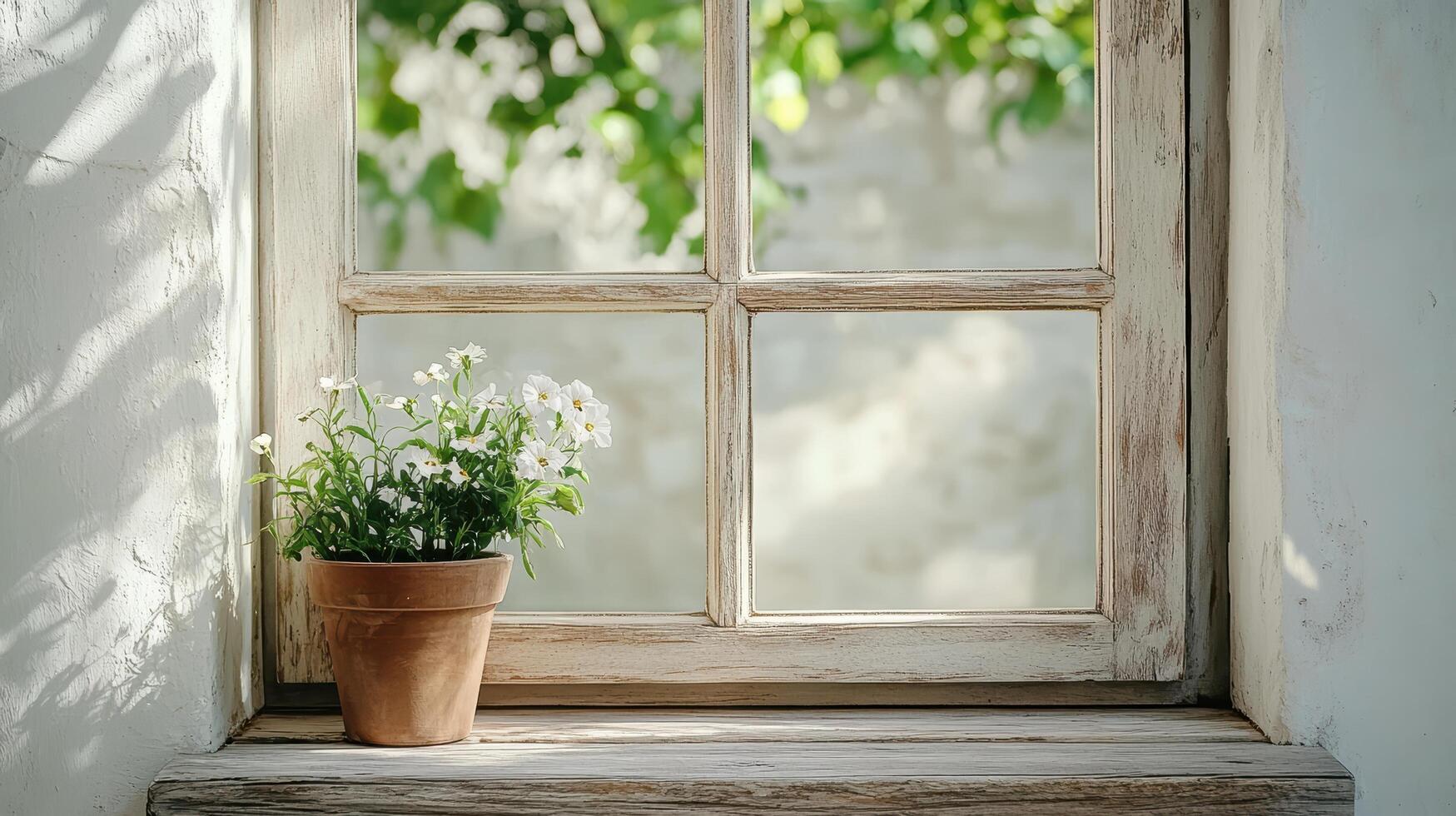 A flower pot sitting on a window sill with a window open photo
