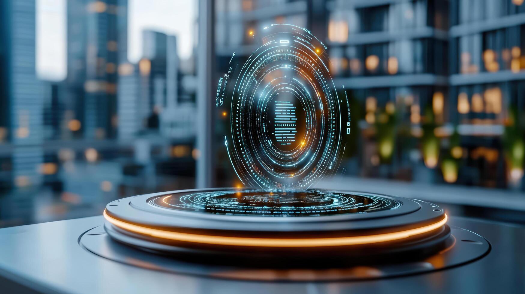 A futuristic digital interface on a table with a cityscape in the background photo