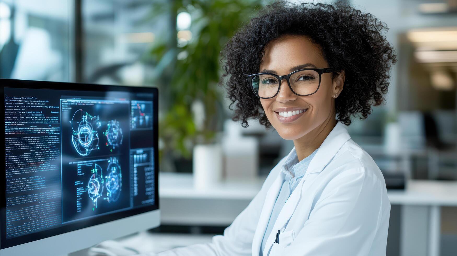 A woman in a lab coat is smiling while looking at a computer screen photo