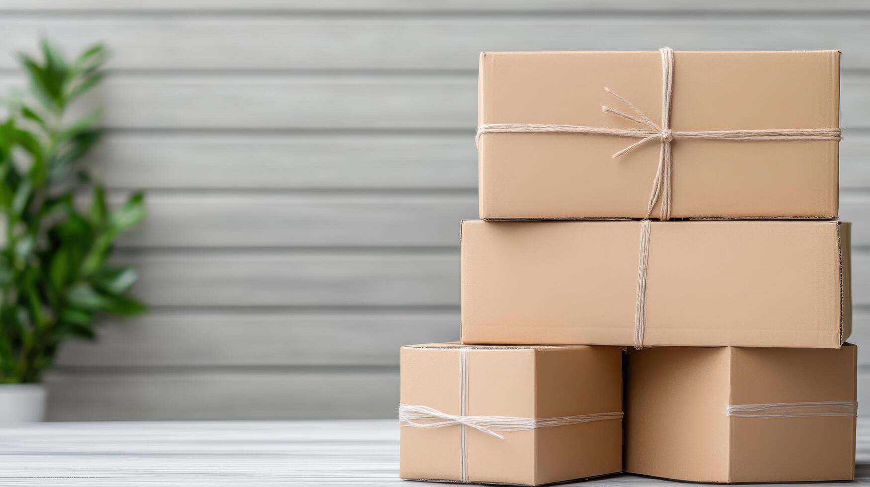 Three brown boxes tied with string on a wooden table photo
