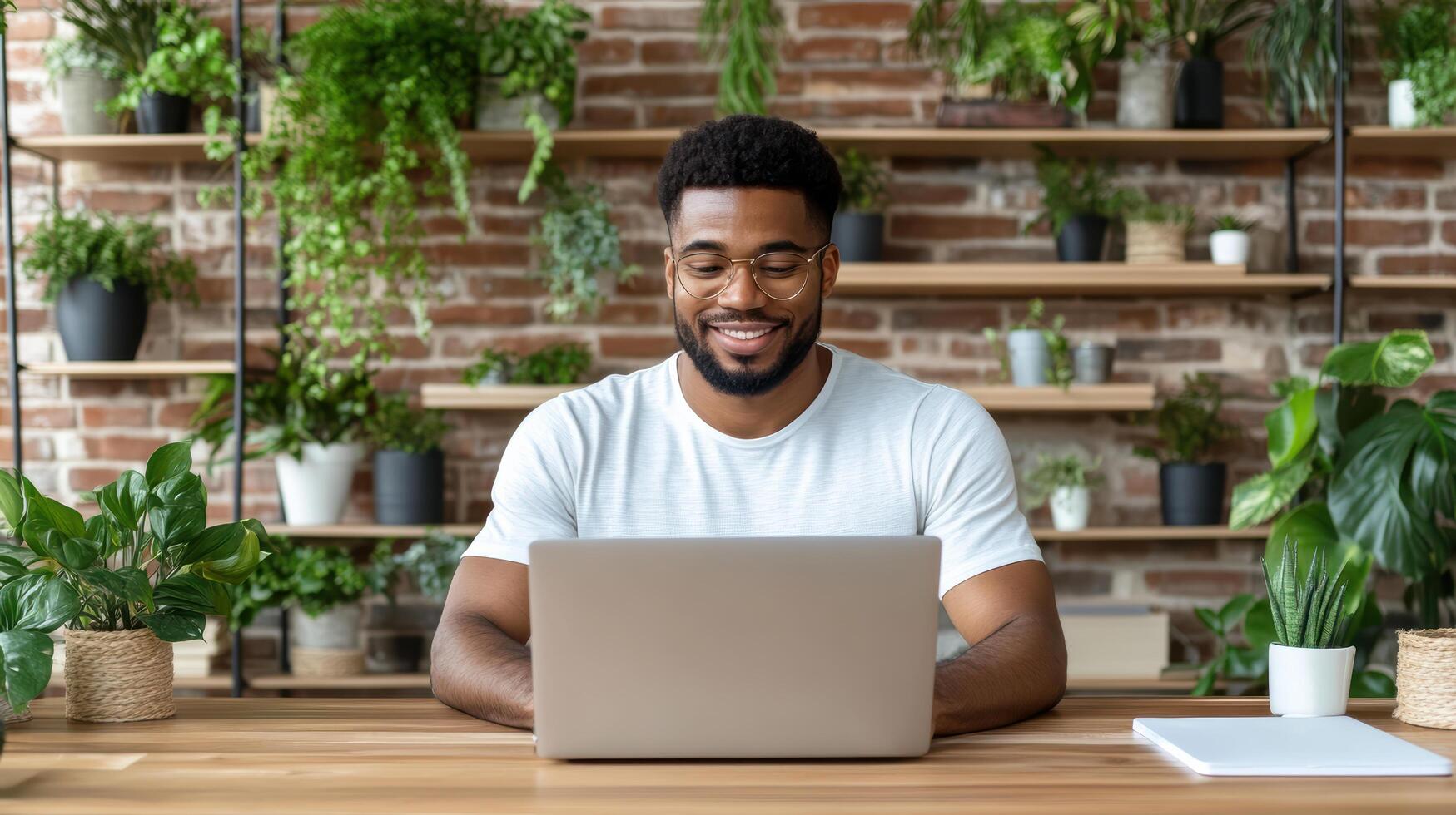 A smiling man in front of a laptop computer photo