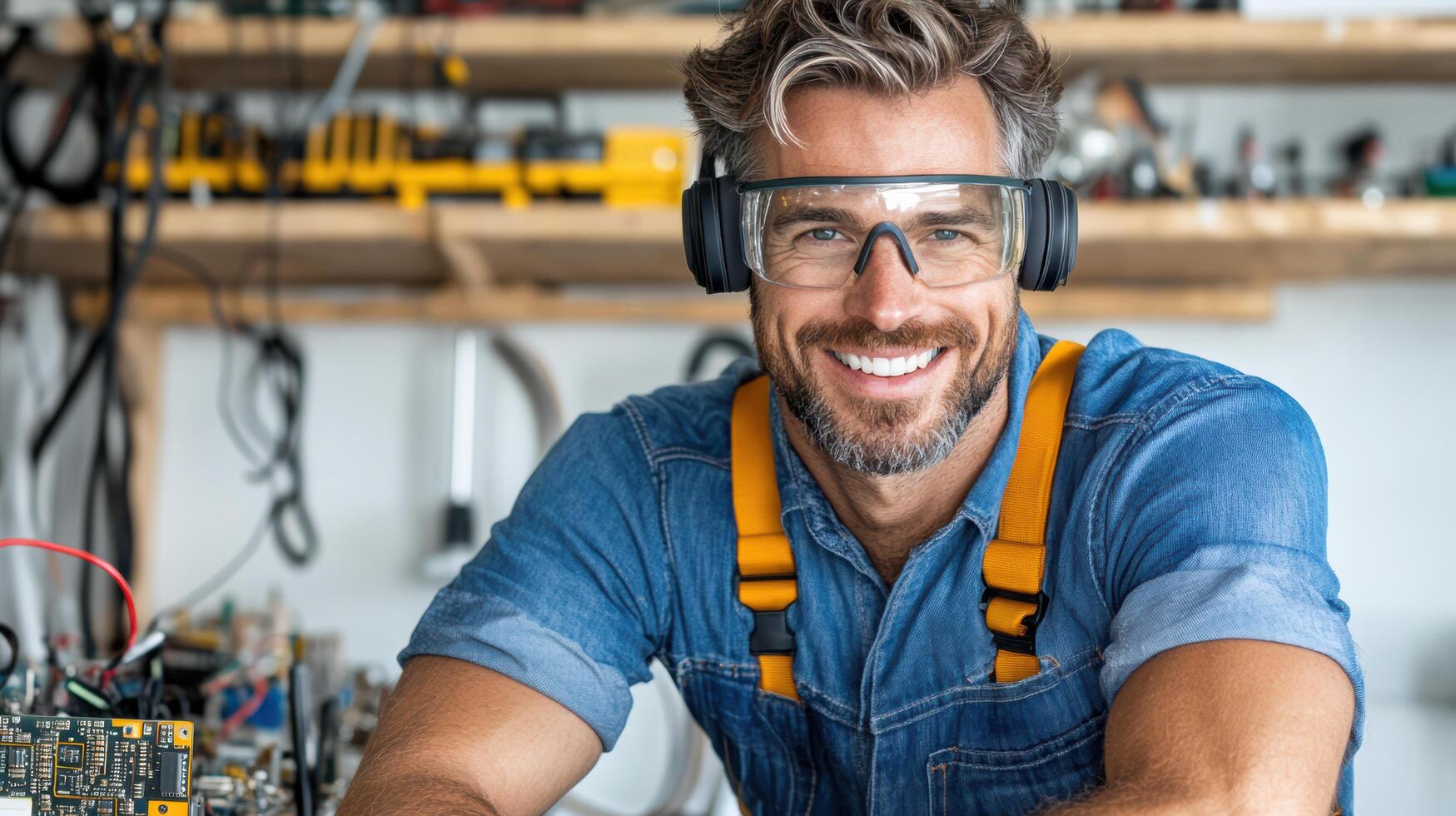 un sonriente hombre en un azul camisa y lentes sentado a un mesa con un computadora foto