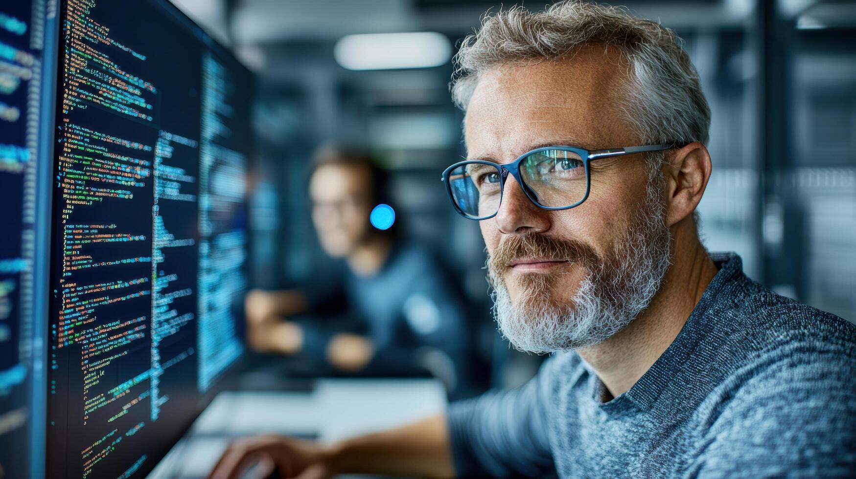 A man with glasses and a beard is working on a computer photo