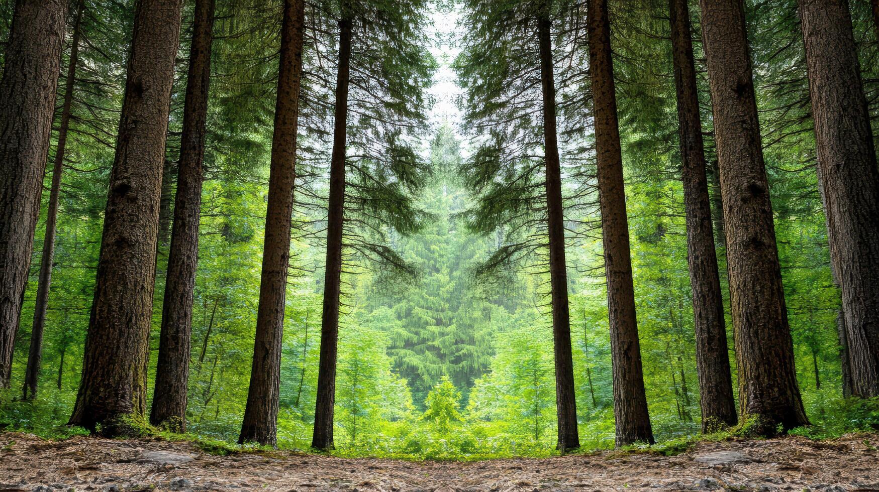 A path through a forest with trees and dirt photo