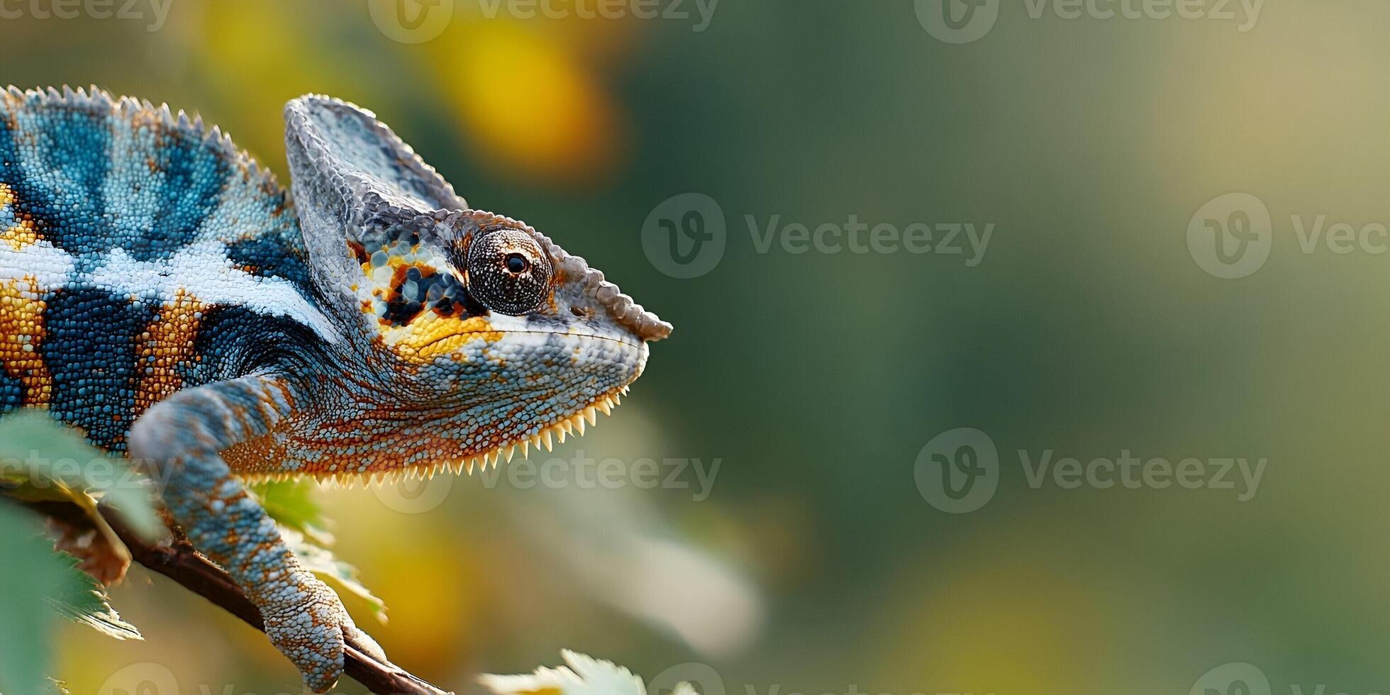 A colorful chameleon with striking patterns rests on a branch in a natural sunlit environment photo