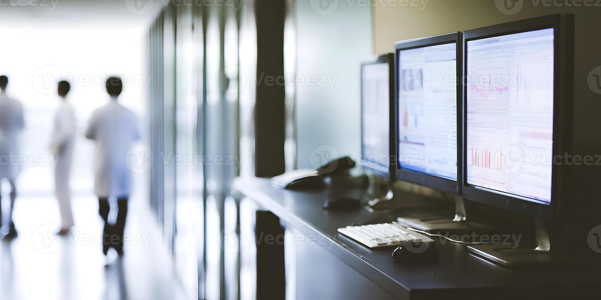 Medical professionals walk past dual computer monitors displaying data photo