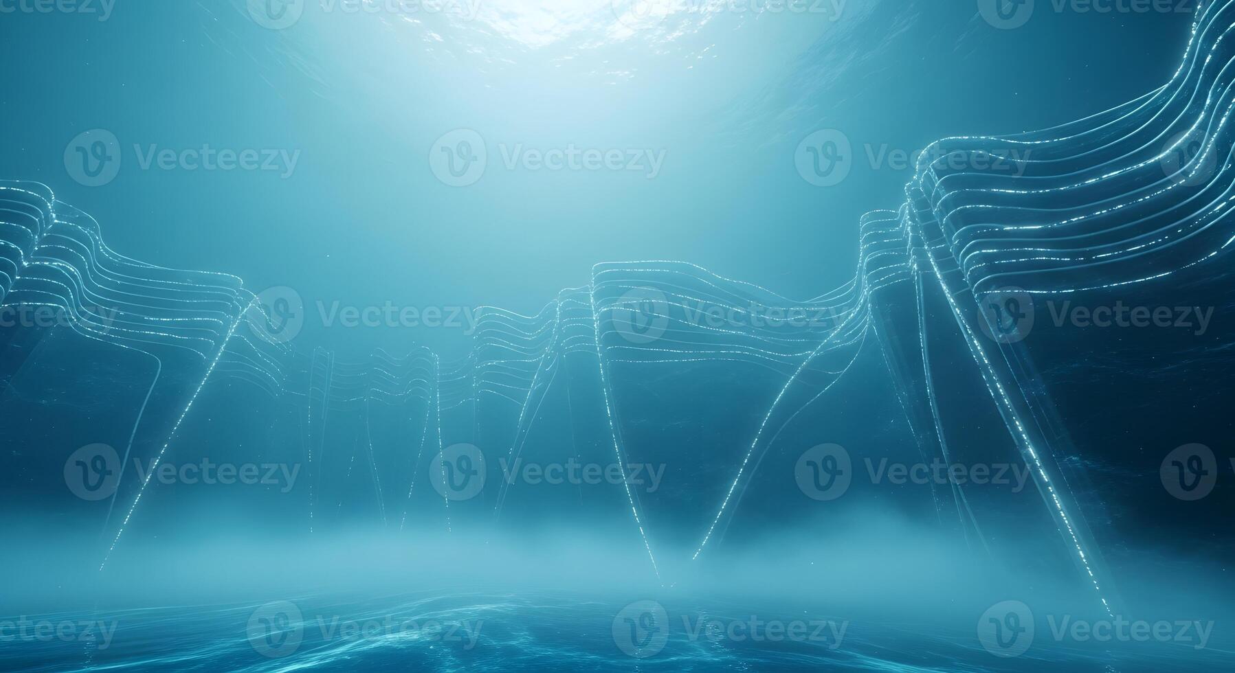 Abstract digital data waves flow through a serene underwater realm, depicting a futuristic network of energy and information in a deep ocean environment with luminous currents photo