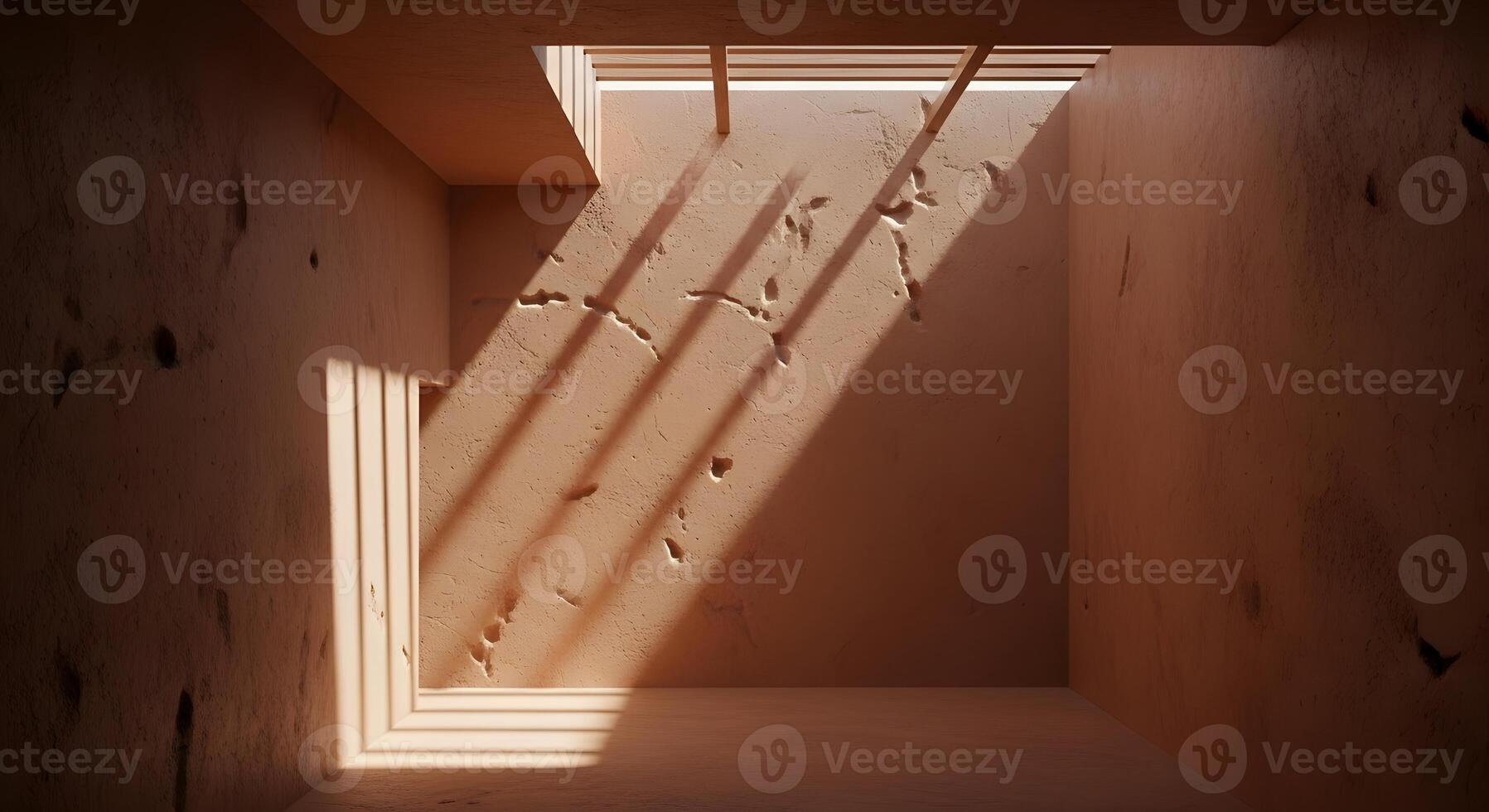 Dramatic play of sunlight and shadows illuminating an empty, textured architectural space, creating a minimalist abstract design with warm earthy tones and stark contrasts photo