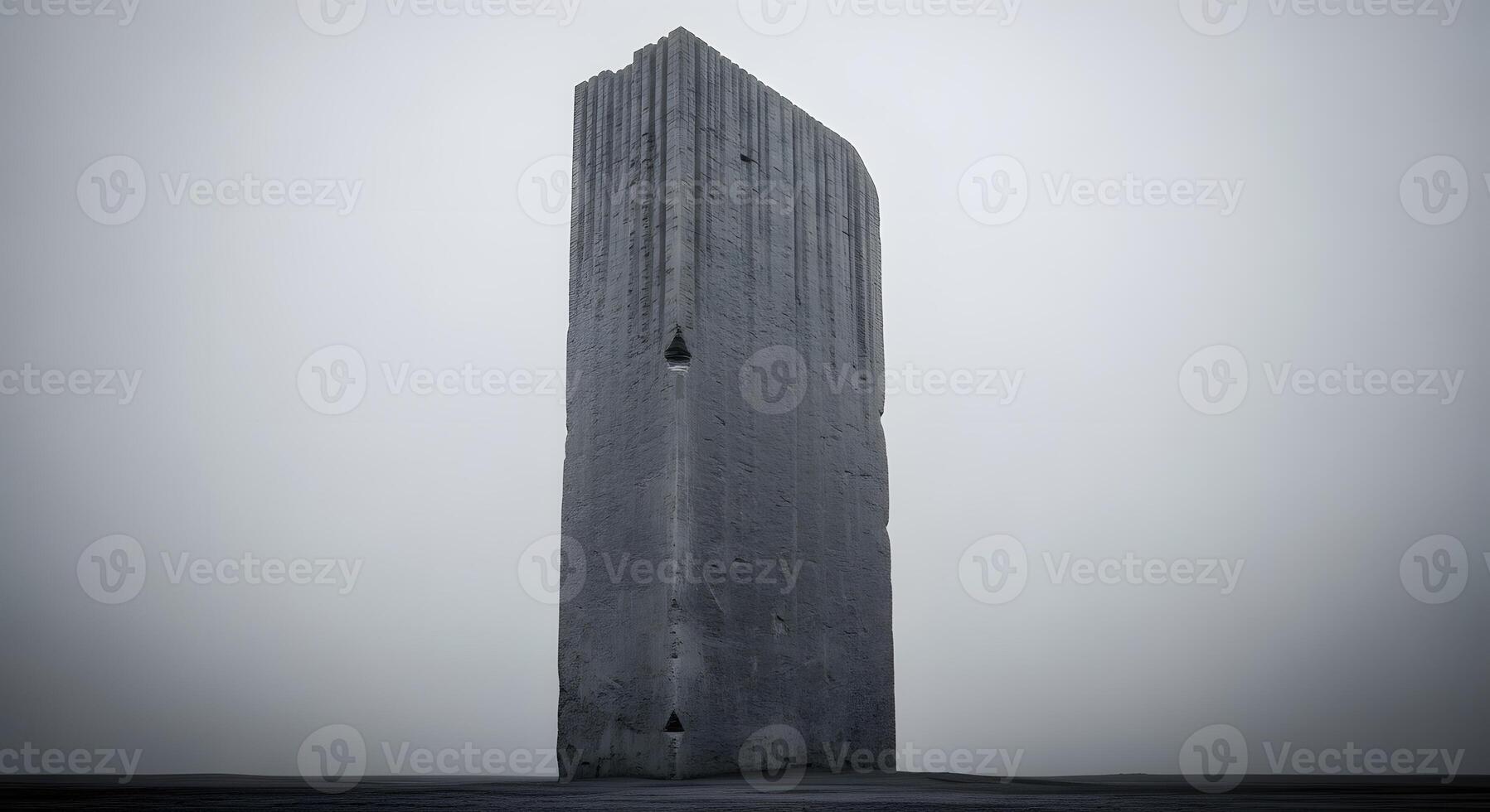 Imposing textured concrete monument rising from the desolate ground into an overcast sky, creating a powerful, abstract statement of solitude and resilience within a minimalist landscape photo