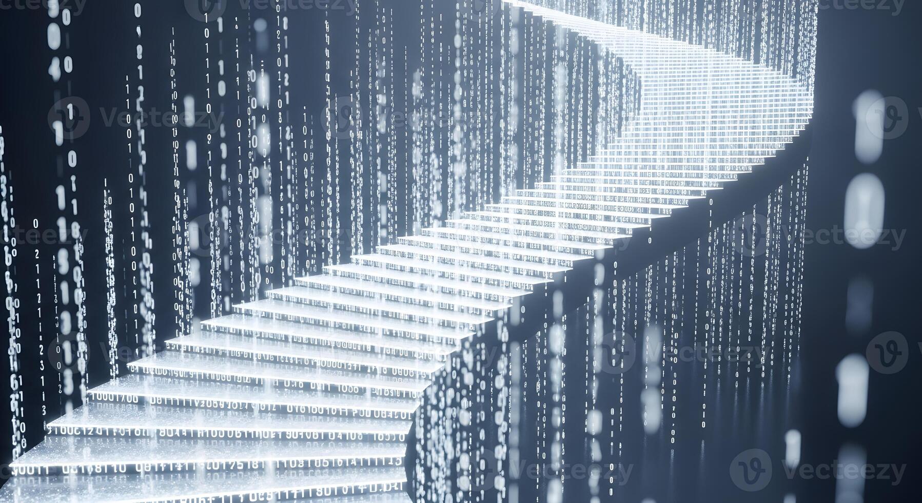 Abstract digital staircase made of binary code leading into bright light, representing innovation and future technology photo