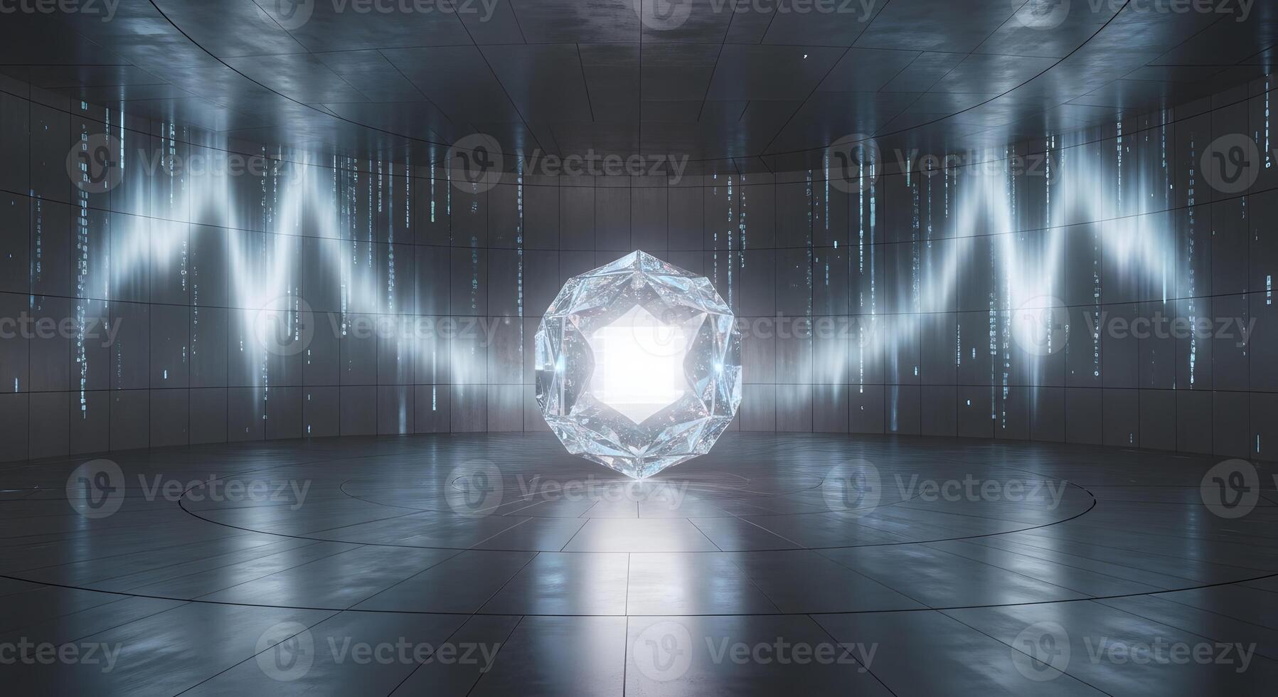 A glowing geometric crystal core radiates light in a sleek, futuristic digital chamber, surrounded by dynamic energy waves and descending data streams, symbolizing advanced technology photo
