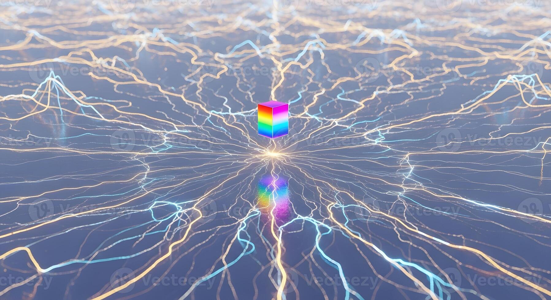 Central rainbow cube radiating complex digital energy and advanced data network connections, an abstract visualization of processing and global communication photo