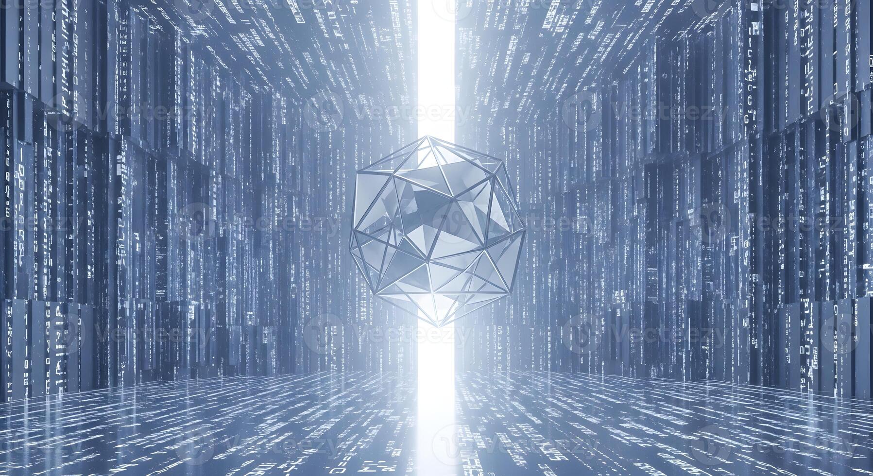Glowing geometric crystal suspended in a futuristic digital corridor, framed by flowing binary code, illustrating advanced technology, data networks, and virtual reality photo
