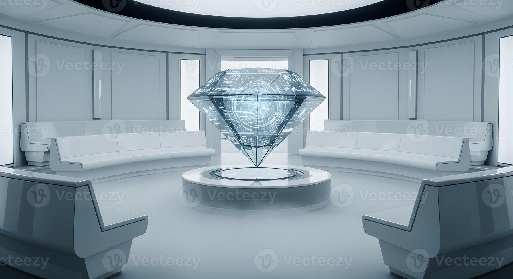 Immersive Futuristic Boardroom with Luminous Holographic Diamond Displaying Advanced Data Visualizations for Strategic Global Insights and Secure Information Exchange in a Modern, Minimalist Setting photo