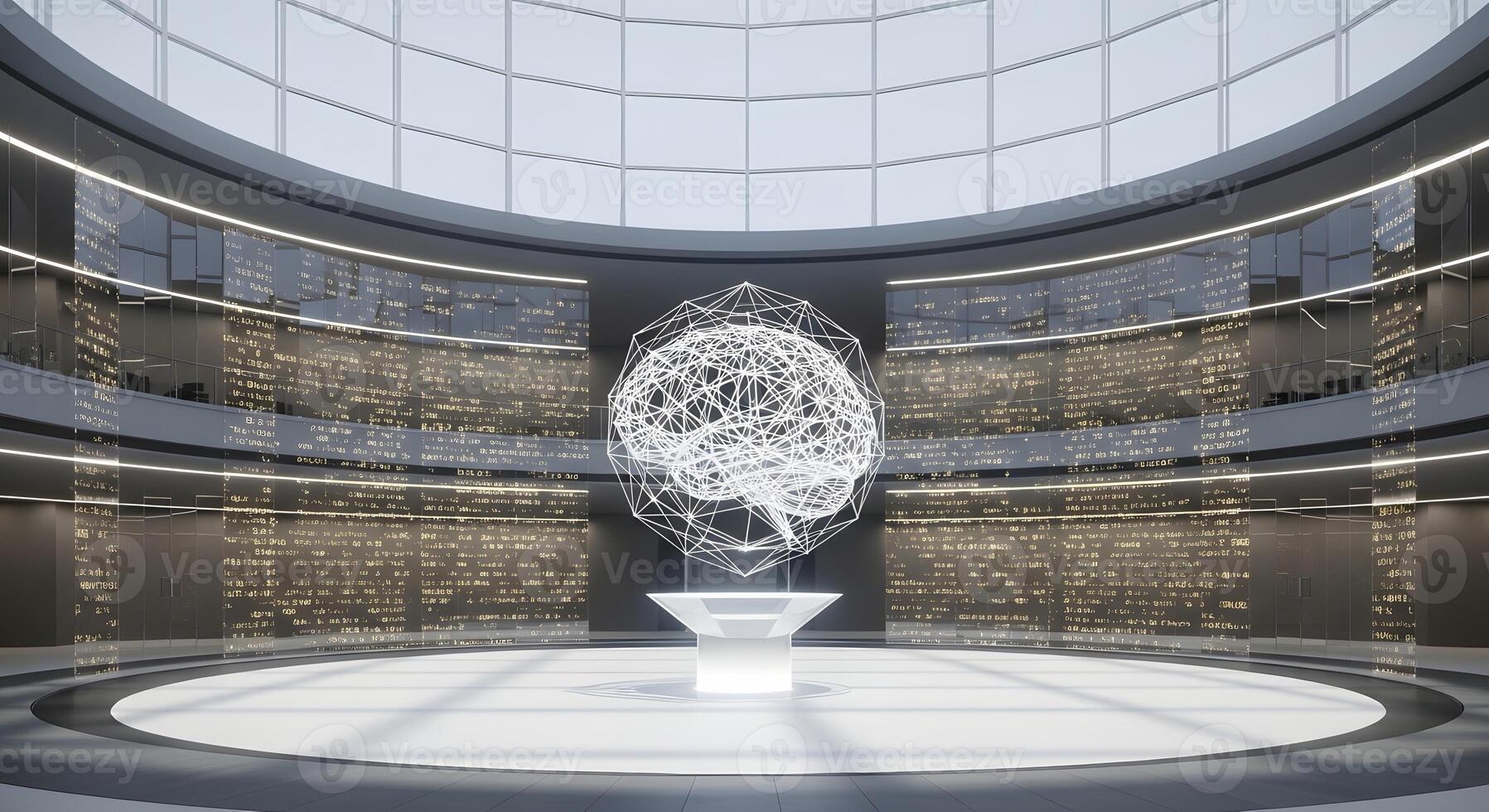 Digital Brain Hologram at the Core of a Futuristic Data Processing Center, Symbolizing Advanced Artificial Intelligence and Information Technology Research photo