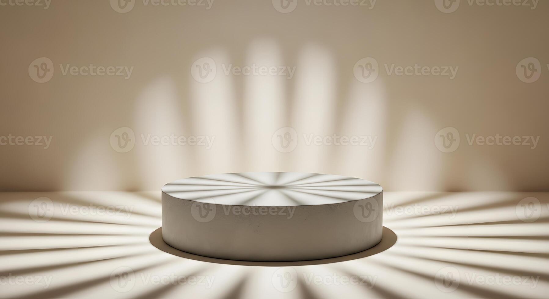 Minimalist cylindrical podium with radiating light and shadow patterns, perfect for product display or abstract showcase in a clean, modern setting for presentation design photo