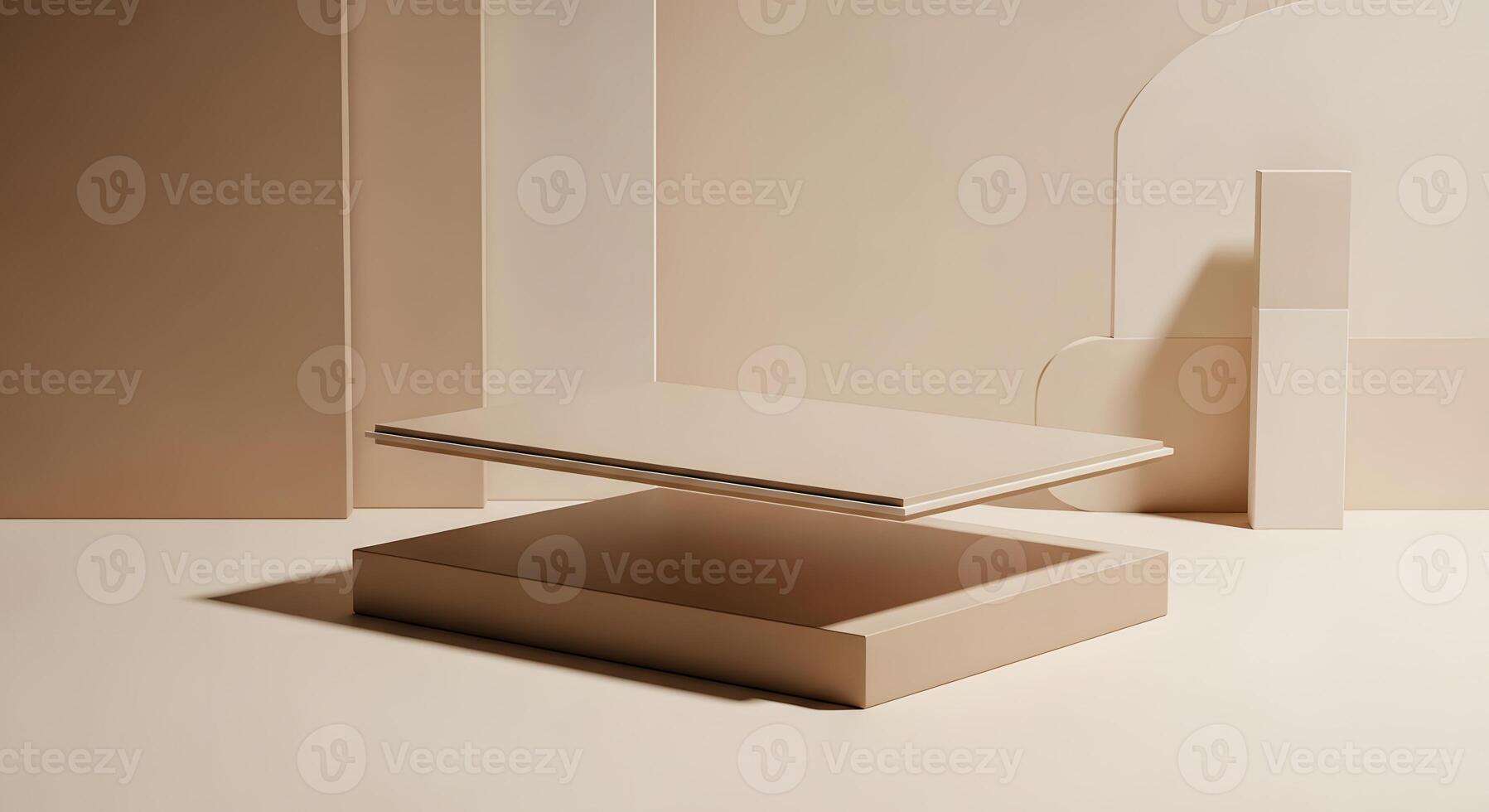 Elegant minimalist 3D rendering of modern geometric display podium with floating platforms and abstract shapes in serene neutral tones, perfect for product presentations photo