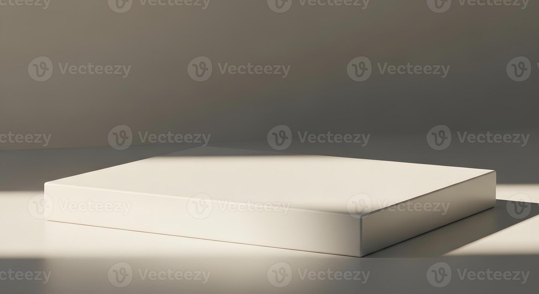 Minimalist white square podium bathed in soft sunlight, creating elegant shadows for product display or abstract presentation in a clean, modern studio setting with a tranquil ambiance photo