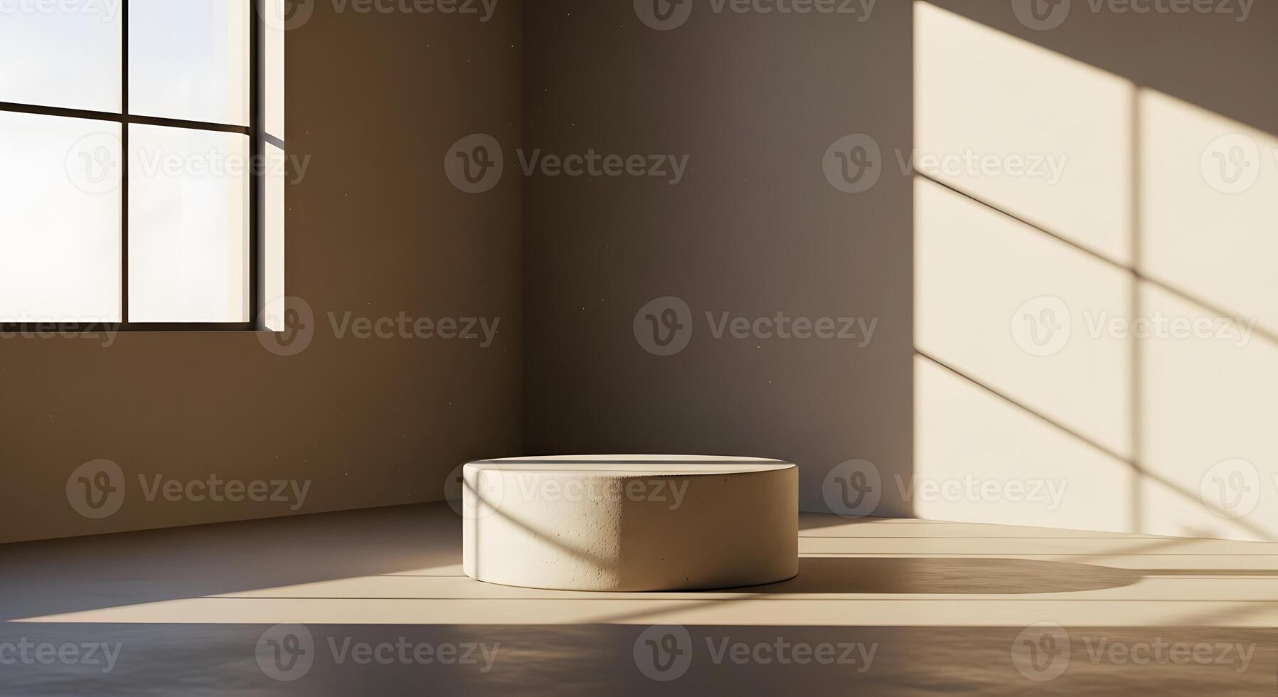 Minimalist concrete podium in a sunlit empty room, perfect for product display or architectural visualization with dramatic shadows creating a serene atmosphere photo