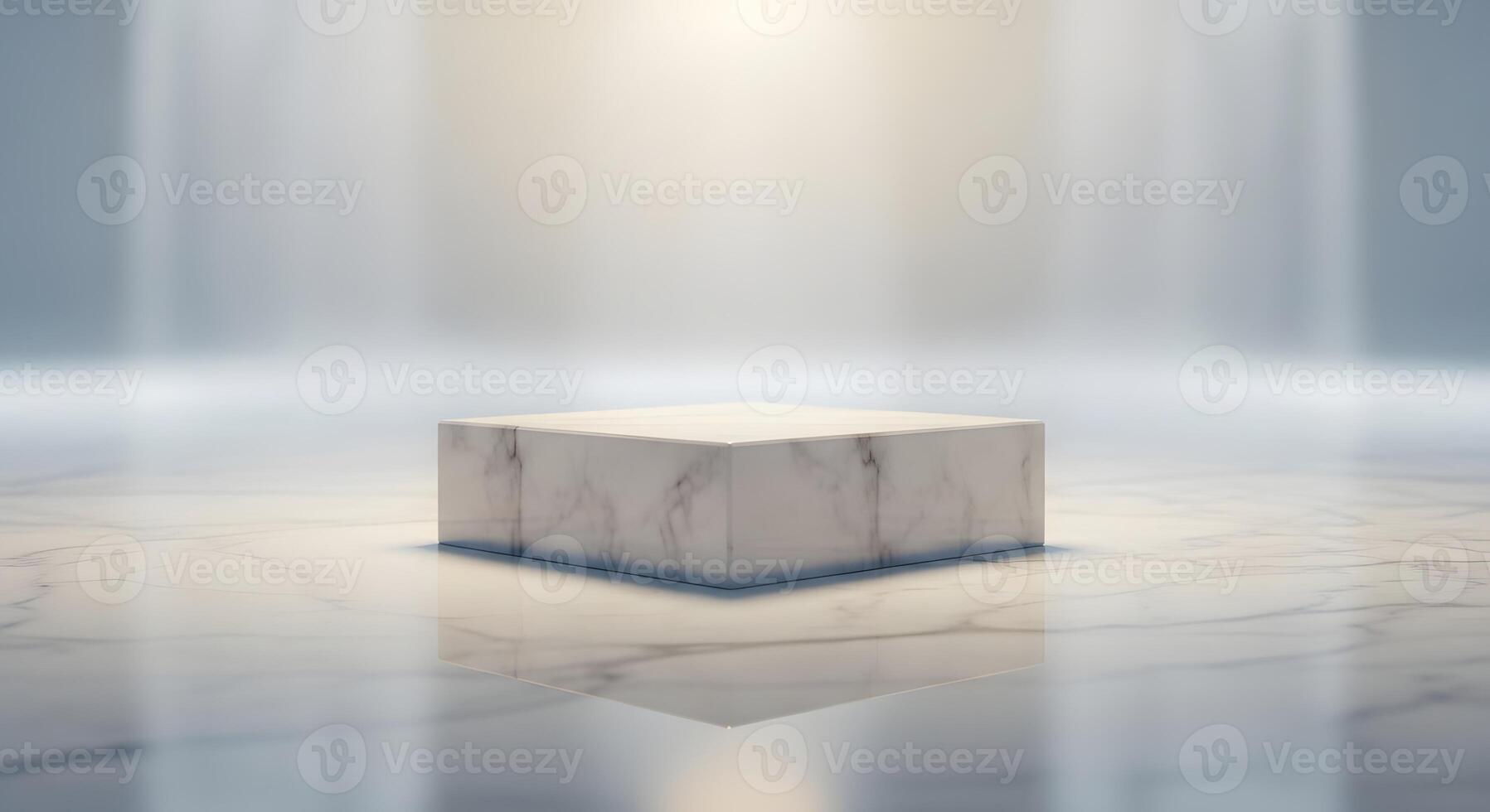 Stylish white marble display podium illuminated by soft spotlights on a reflective floor, creating a minimalist and elegant backdrop for product showcasing or abstract presentation photo