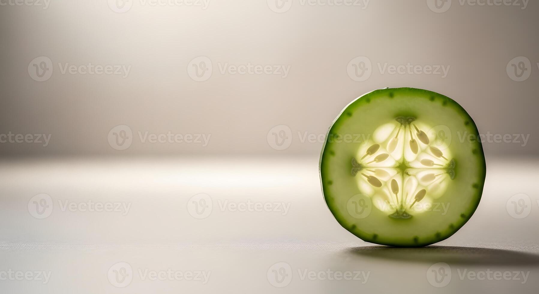 A luminous slice of cucumber, backlit to reveal its intricate seed pattern, casting a gentle shadow on a smooth surface photo