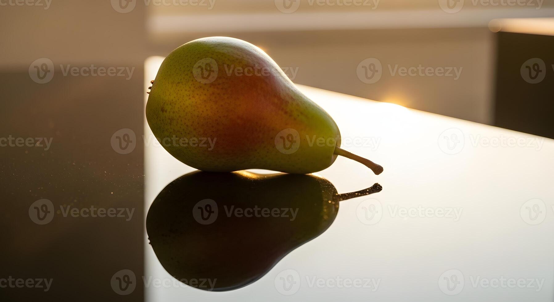 Close-up of a Fresh Pear with Reflection on a Shiny Surface, Highlighting Texture photo