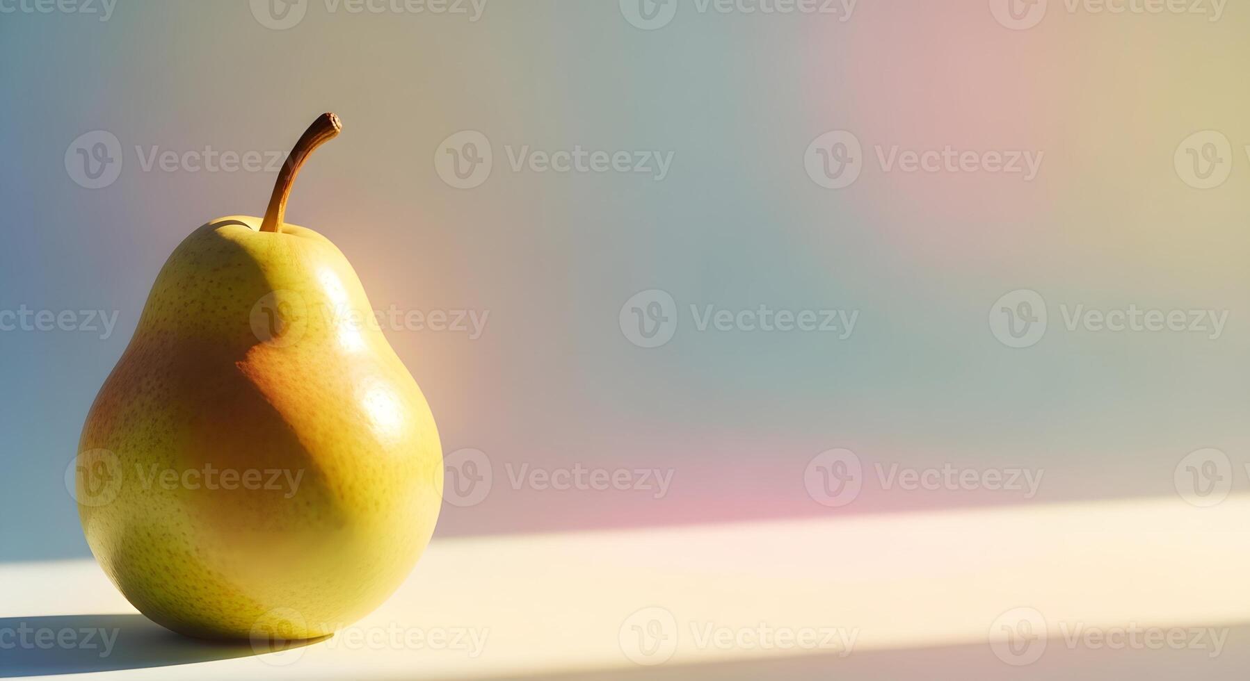 A single ripe pear bathed in soft, diffused light, casting a gentle shadow on a white surface with a subtly colorful, blurred background photo