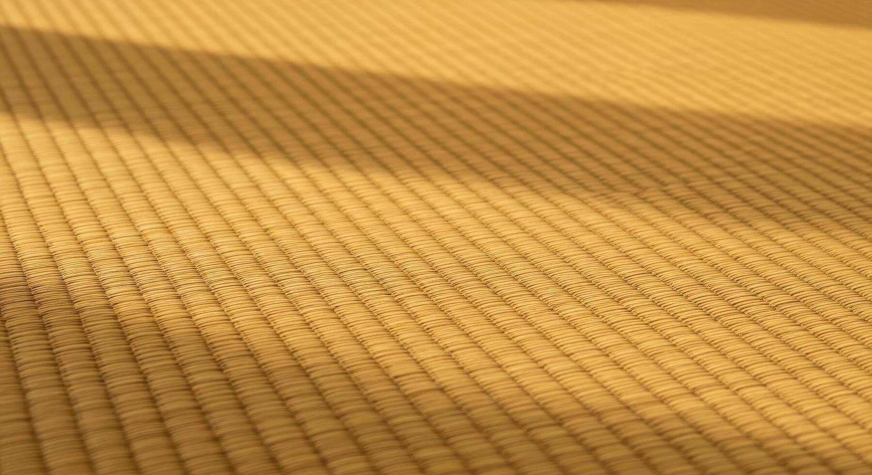 Close-up of a woven tatami mat with diagonal sunlight casting a shadow, showcasing the intricate texture of the natural fibers and the warm, earthy tones of the traditional flooring material photo
