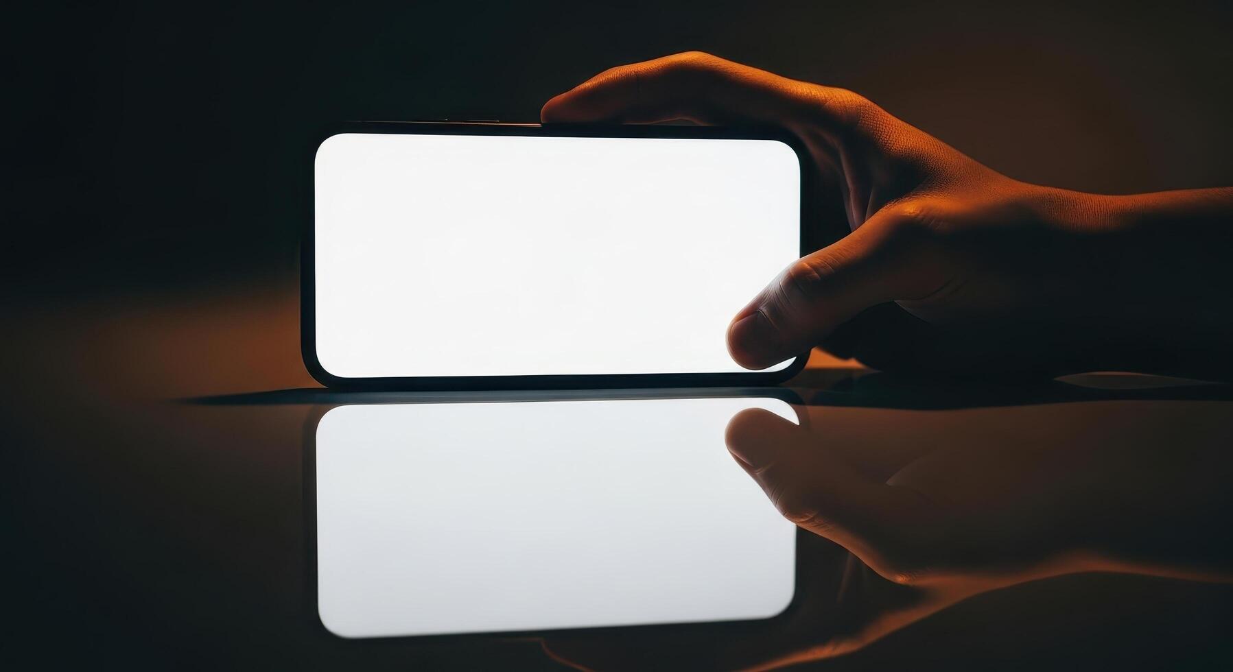 Hand holding a phone with a blank screen for app or content display, mockup reflection, city lights and neon in a moody color setting photo