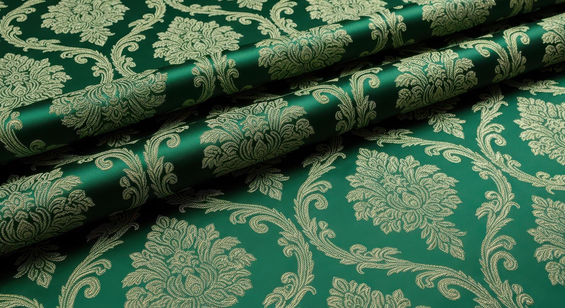 Luxurious Emerald Green Damask Fabric A close-up view of elegant, high-quality textile with intricate floral patterns, perfect for opulent design photo