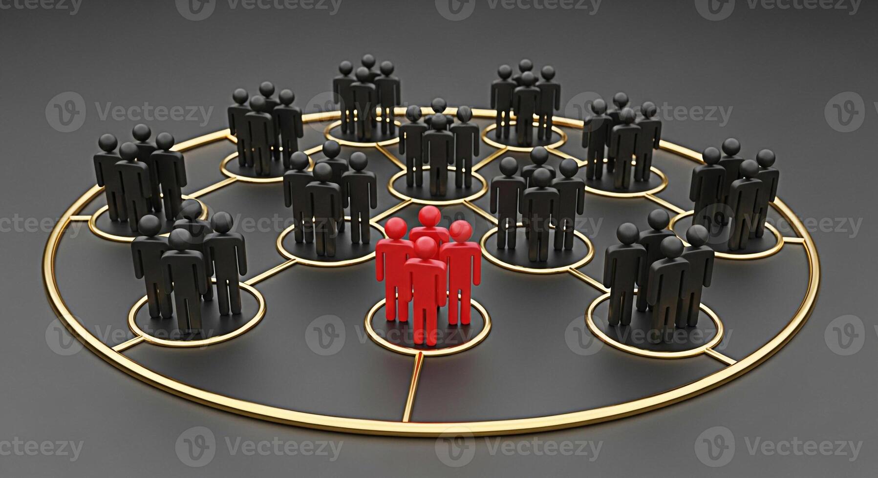 3D rendered people figures connected in a network on a dark gray background illustrating leadership teamwork and organizational structure with a focus on a central group of red figures as the core tea photo