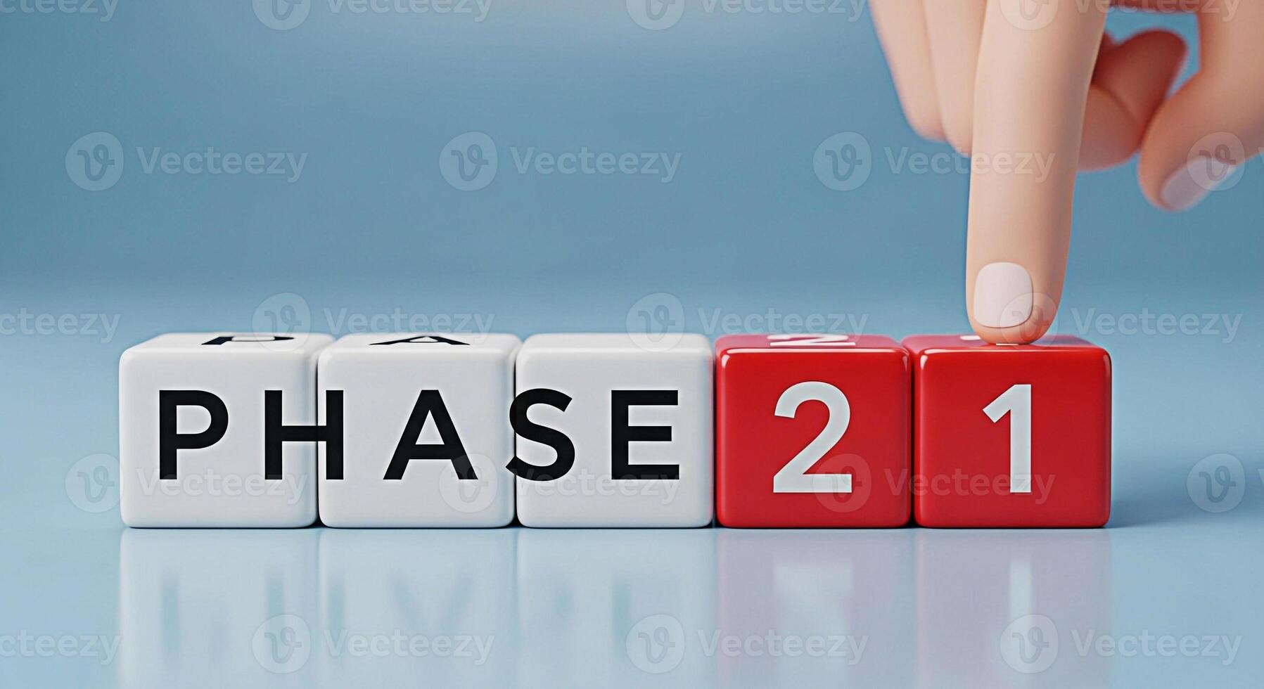 Cartoon hand activating phase 21 on colorful blocks against a blue background symbolizing progress advancement and the successful completion of milestones in a project or development process with a po photo