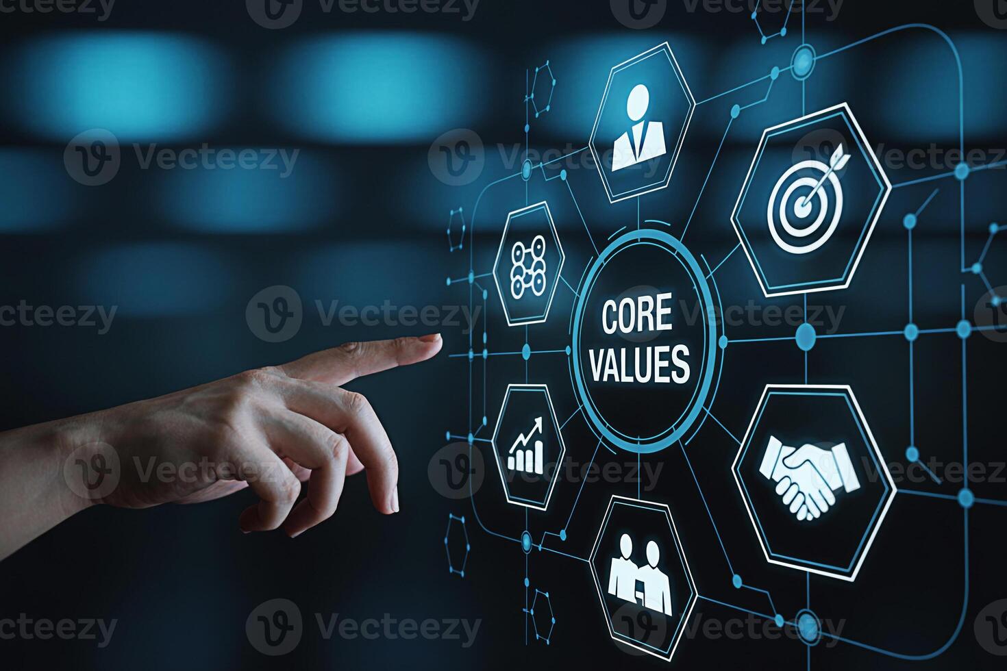 A hand interacts with a digital interface displaying core values including teamwork ethics and goals set against a modern hightech backdrop emphasizing the importance of integrity and collaboration in photo